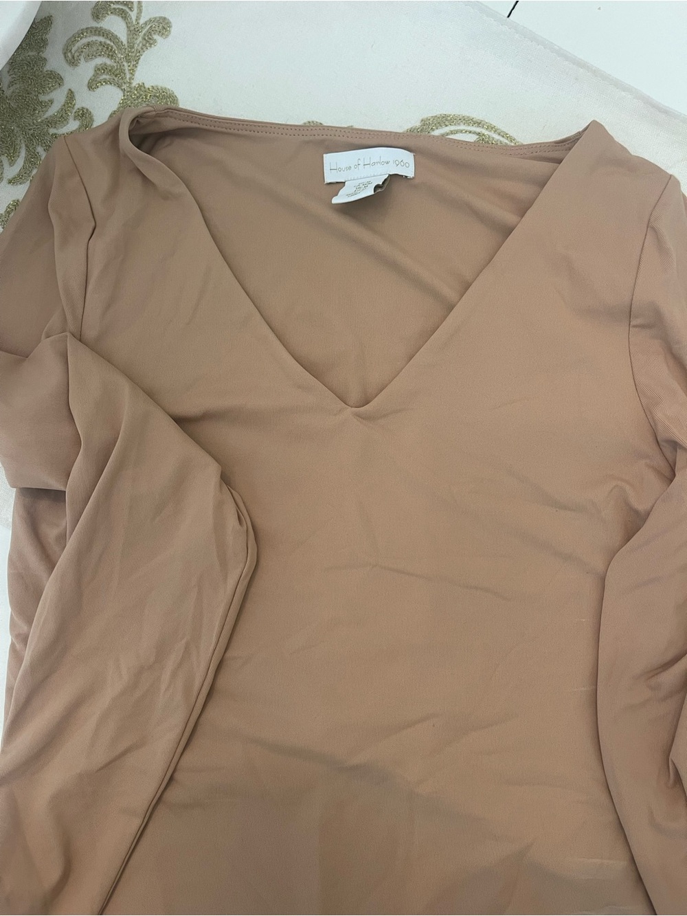 House of Harlow 1960 Women's V-Neck Long Sleeve Bodysuit — Tan